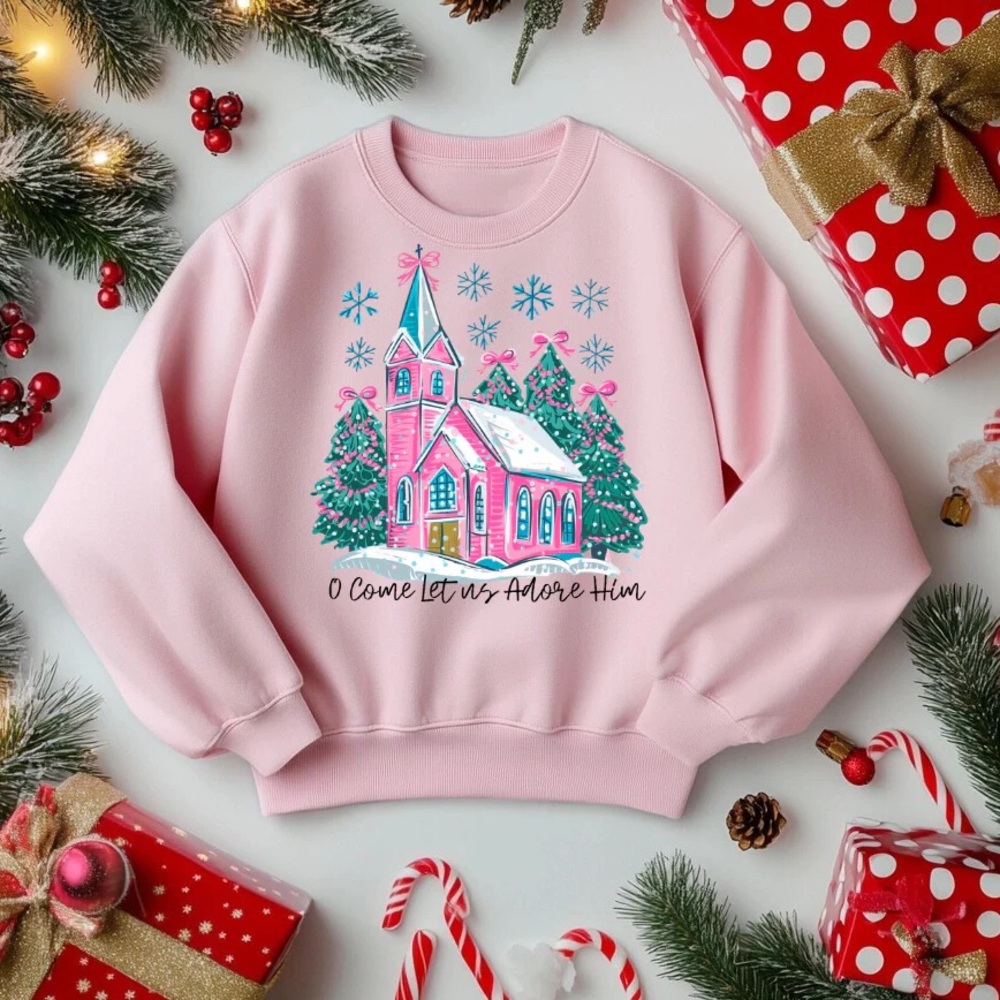 New Christmas O come let us adore him church Pink Graphic Sweatshirt size medium